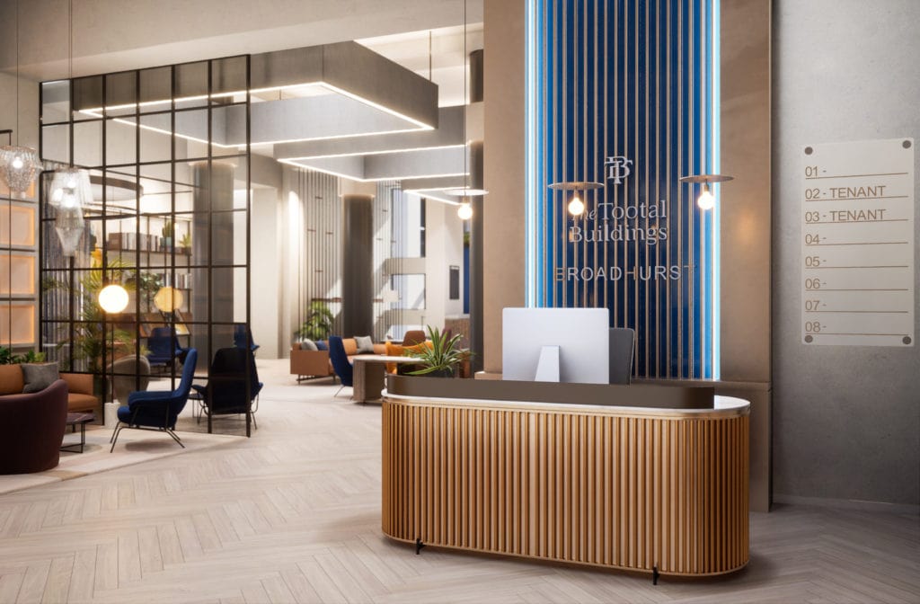 Workplace reception area design concept for the Tootal Buildings in Manchester
