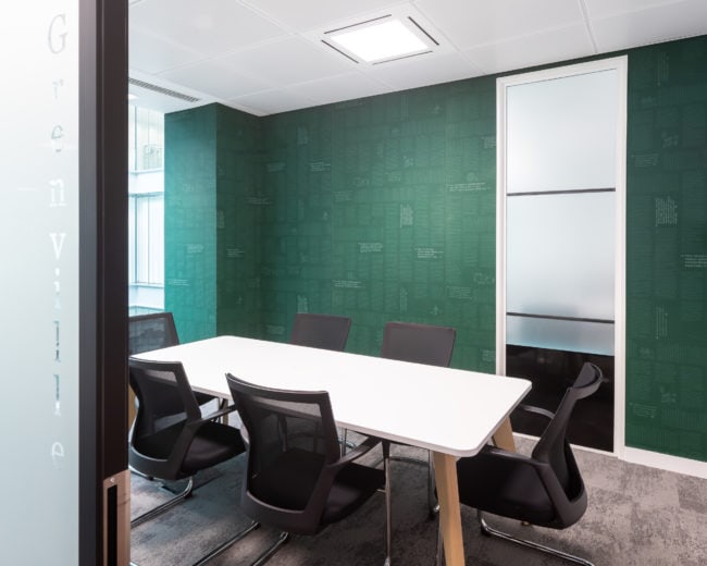 Workplace meeting room with custom graphic wallpaper