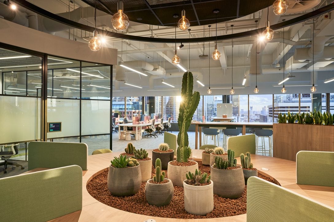 Round office desk system with cacti planter in middle.